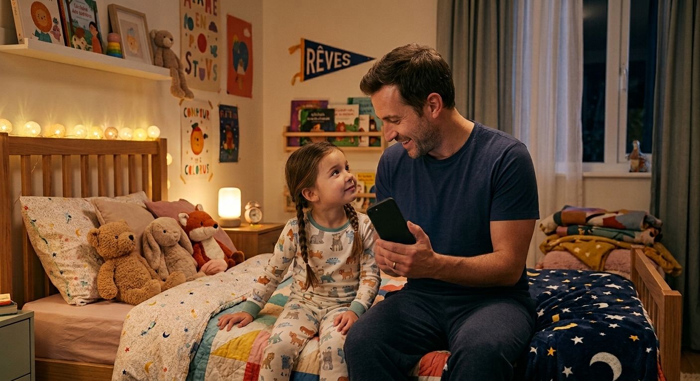 Un enfant lit un chapitre de son histoire le soir, sur le téléphone familial.